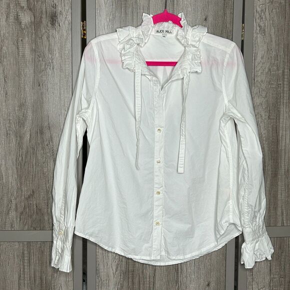 Alex Mill Top White Button Down Shirt Ruffle Neckline Long Sleeves Size M - Picture 1 of 8